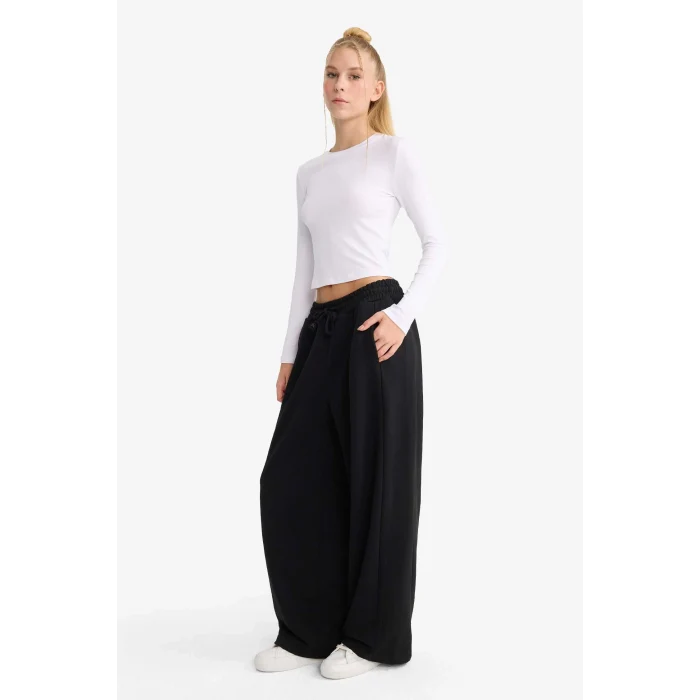 Defacto F3364AXBK81 Siyah Coool Barrel Fit Beli Bağcıklı Geniş Paça Eşofman Altı