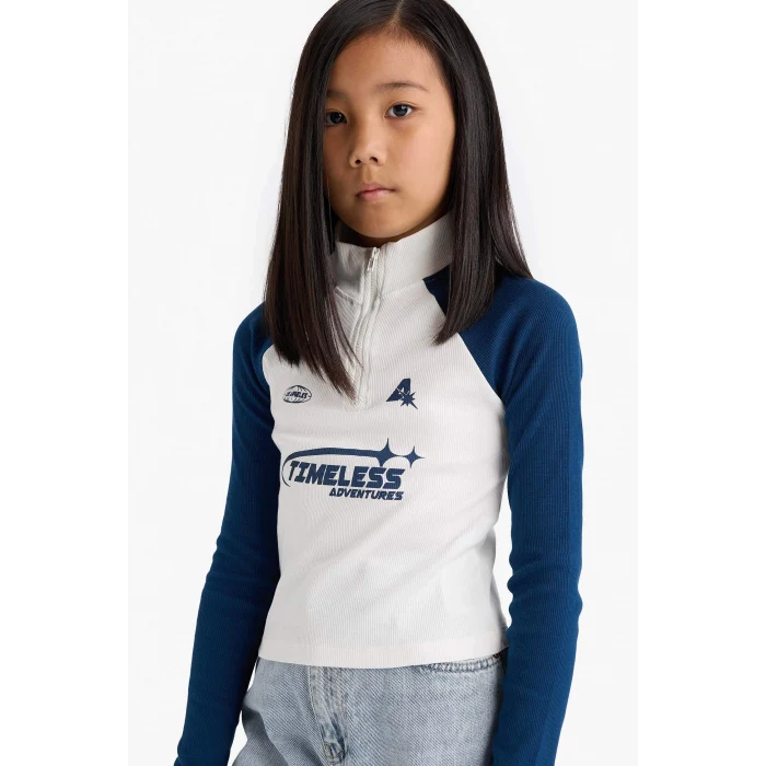 Defacto E9654A8ER138 Ekru Kız Çocuk Fitted Dik Yaka Fermuarlı Baskılı Fitilli Kaşkorse Uzun Kollu Tişört