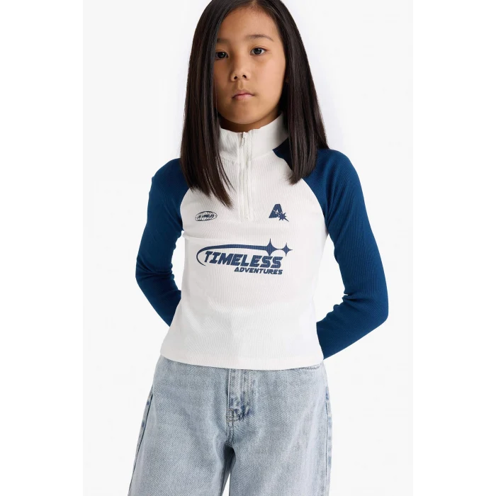 Defacto E9654A8ER138 Ekru Kız Çocuk Fitted Dik Yaka Fermuarlı Baskılı Fitilli Kaşkorse Uzun Kollu Tişört