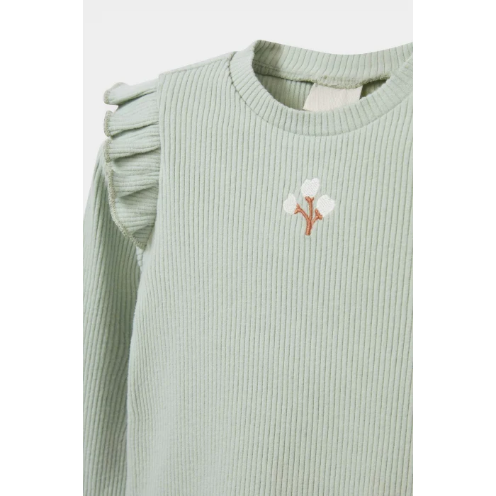 Defacto Y1122A2GN1123 Yeşil Kız Bebek 2li Takım Çiçekli Uzun Kollu Fitilli Kaşkorse Tişört Tayt