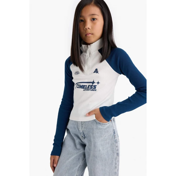 Defacto E9654A8ER138 Ekru Kız Çocuk Fitted Dik Yaka Fermuarlı Baskılı Fitilli Kaşkorse Uzun Kollu Tişört