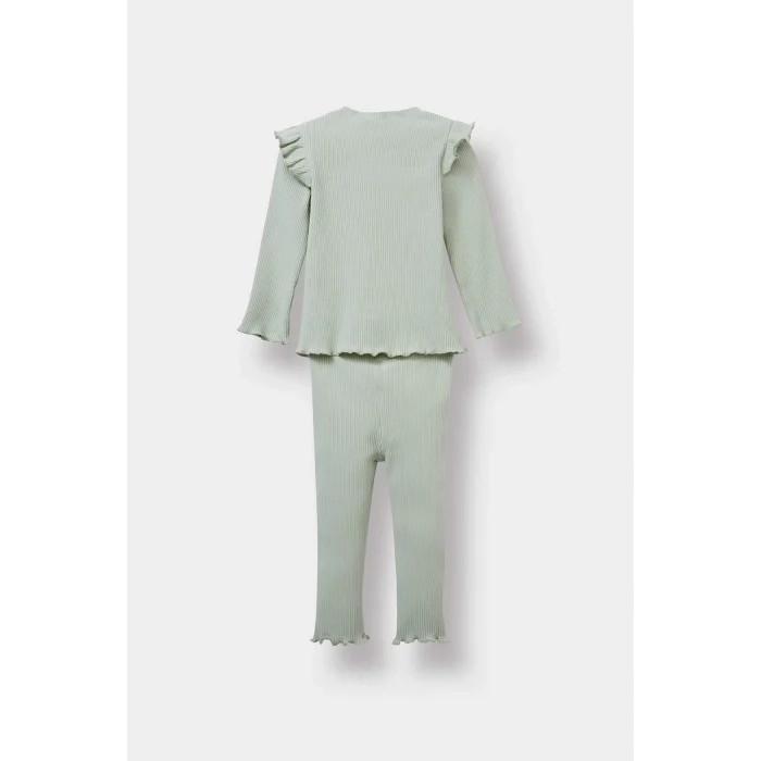 Defacto Y1122A2GN1123 Yeşil Kız Bebek 2li Takım Çiçekli Uzun Kollu Fitilli Kaşkorse Tişört Tayt