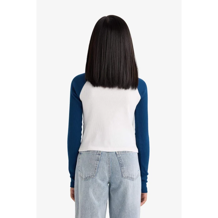 Defacto E9654A8ER138 Ekru Kız Çocuk Fitted Dik Yaka Fermuarlı Baskılı Fitilli Kaşkorse Uzun Kollu Tişört