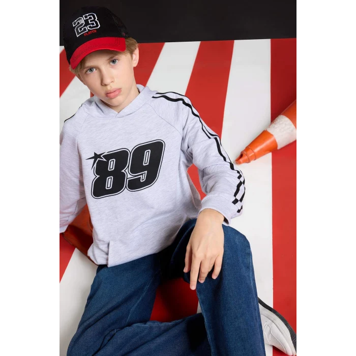 Defacto F1967A8GR400 Gri Erkek Çocuk Kapüşonlu Baskılı Sweatshirt