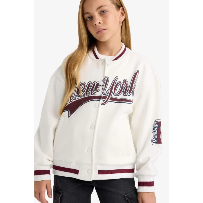 Defacto F2295A8ER105 Ekru Kız Çocuk Baskılı Kolej Yaka Bomber Ceket