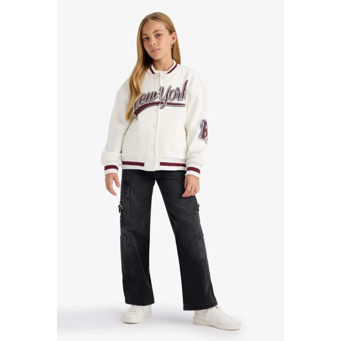 Defacto F2295A8ER105 Ekru Kız Çocuk Baskılı Kolej Yaka Bomber Ceket