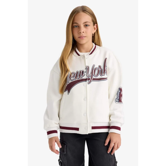 Defacto F2295A8ER105 Ekru Kız Çocuk Baskılı Kolej Yaka Bomber Ceket