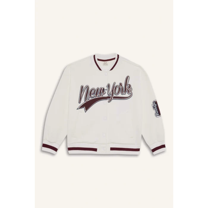 Defacto F2295A8ER105 Ekru Kız Çocuk Baskılı Kolej Yaka Bomber Ceket