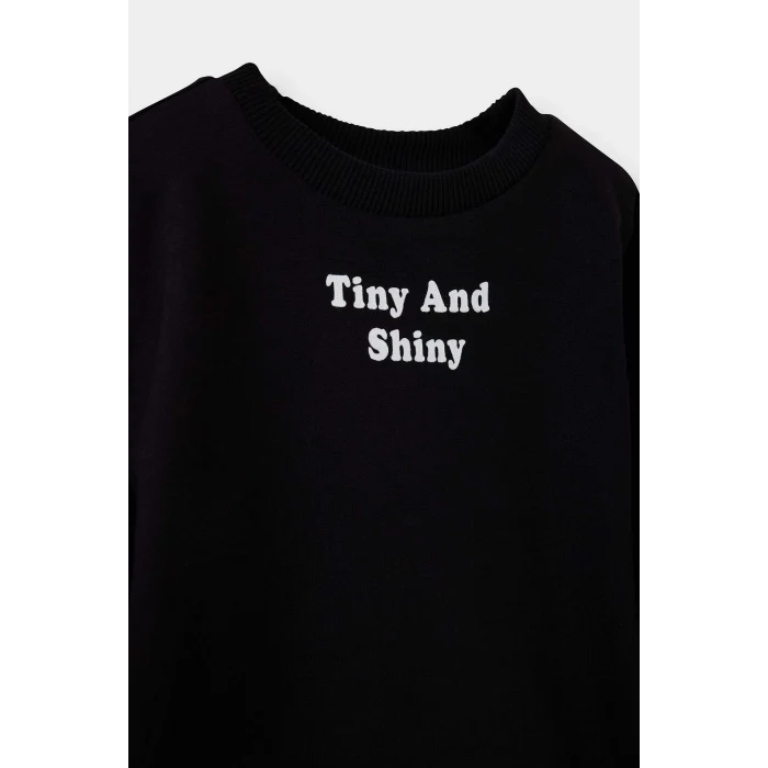 Defacto F5961A5BK81 Siyah Kız Bebek Bisiklet Yaka Baskılı İçi Yumuşak Tüylü Sweatshirt