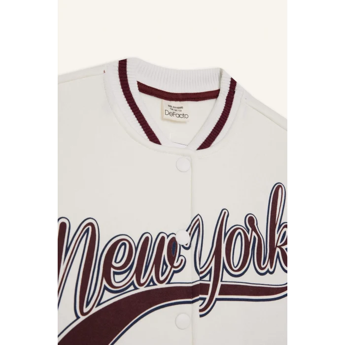 Defacto F2295A8ER105 Ekru Kız Çocuk Baskılı Kolej Yaka Bomber Ceket