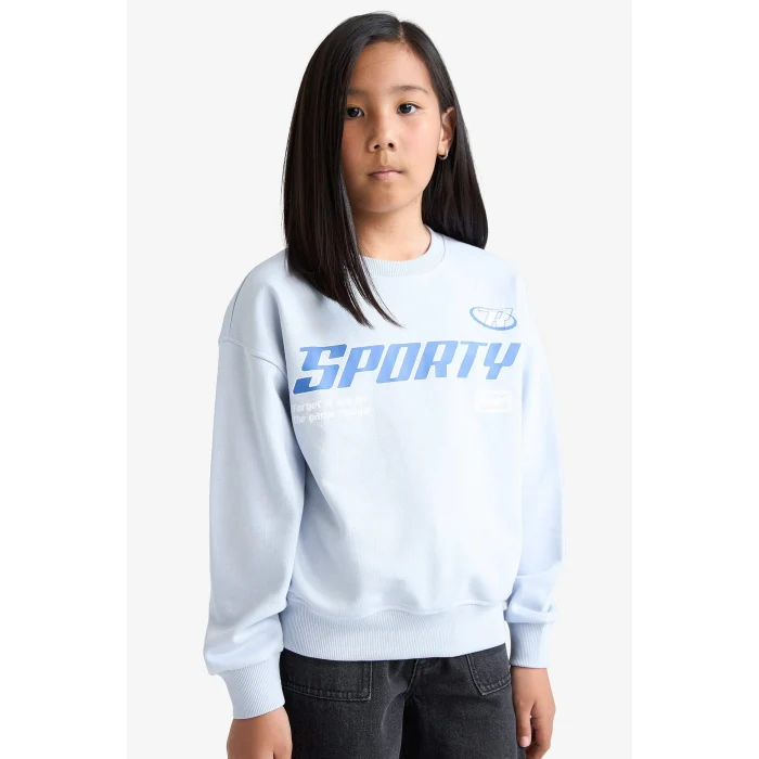 Defacto E6760A8BE216 Mavi Kız Çocuk Relax Fit Bisiklet Yaka Baskılı Sweatshirt