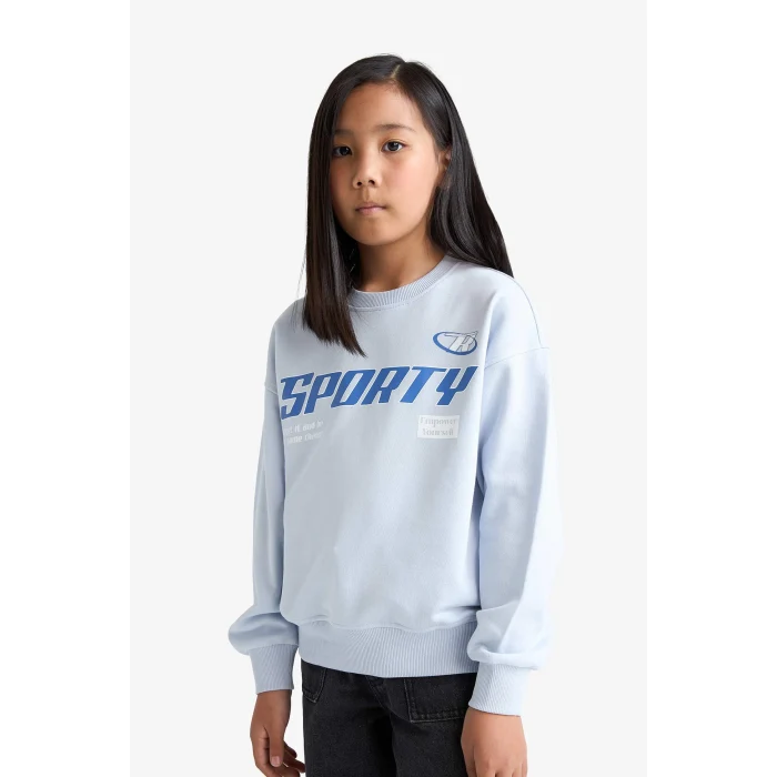 Defacto E6760A8BE216 Mavi Kız Çocuk Relax Fit Bisiklet Yaka Baskılı Sweatshirt