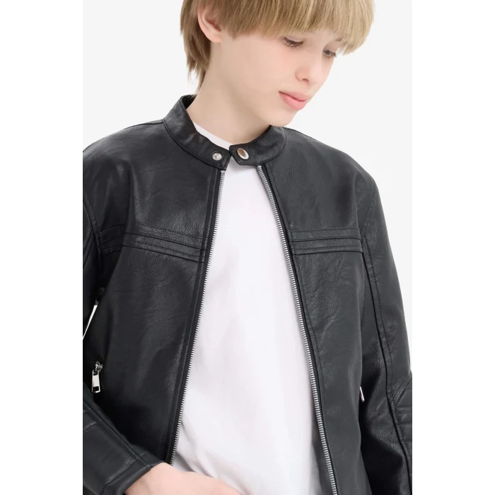 Defacto C4320A8BK27 Siyah Erkek Çocuk Su Geçirmez Fermuarlı Suni Deri Ceket Mont