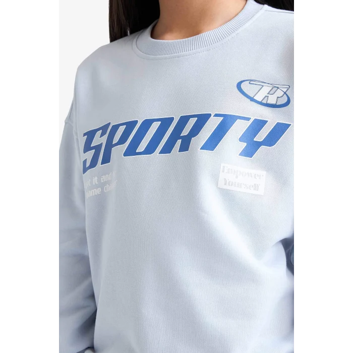 Defacto E6760A8BE216 Mavi Kız Çocuk Relax Fit Bisiklet Yaka Baskılı Sweatshirt