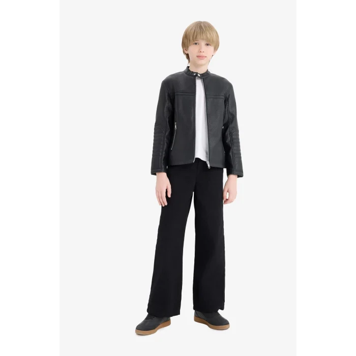 Defacto C4320A8BK27 Siyah Erkek Çocuk Su Geçirmez Fermuarlı Suni Deri Ceket Mont