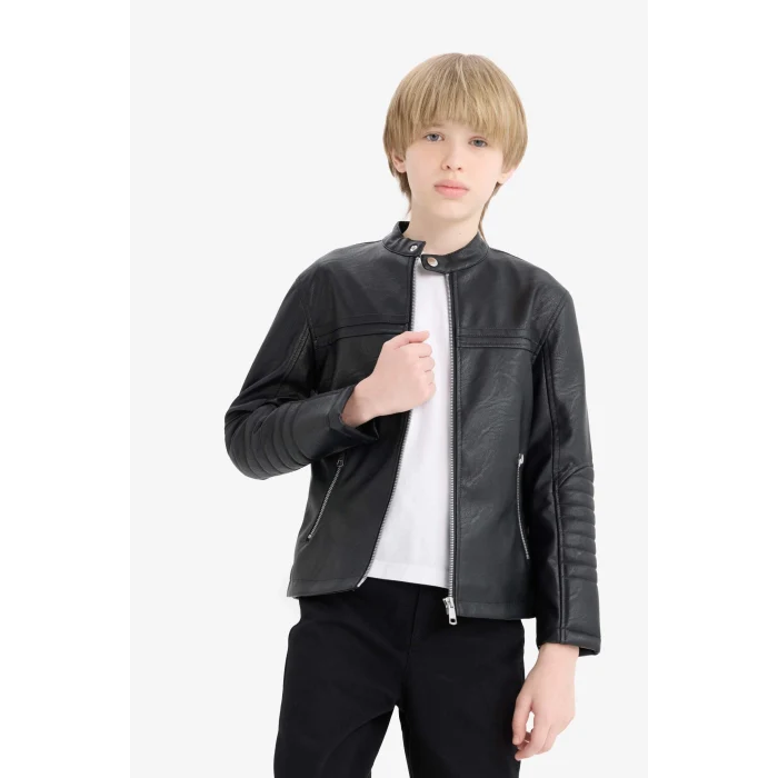 Defacto C4320A8BK27 Siyah Erkek Çocuk Su Geçirmez Fermuarlı Suni Deri Ceket Mont
