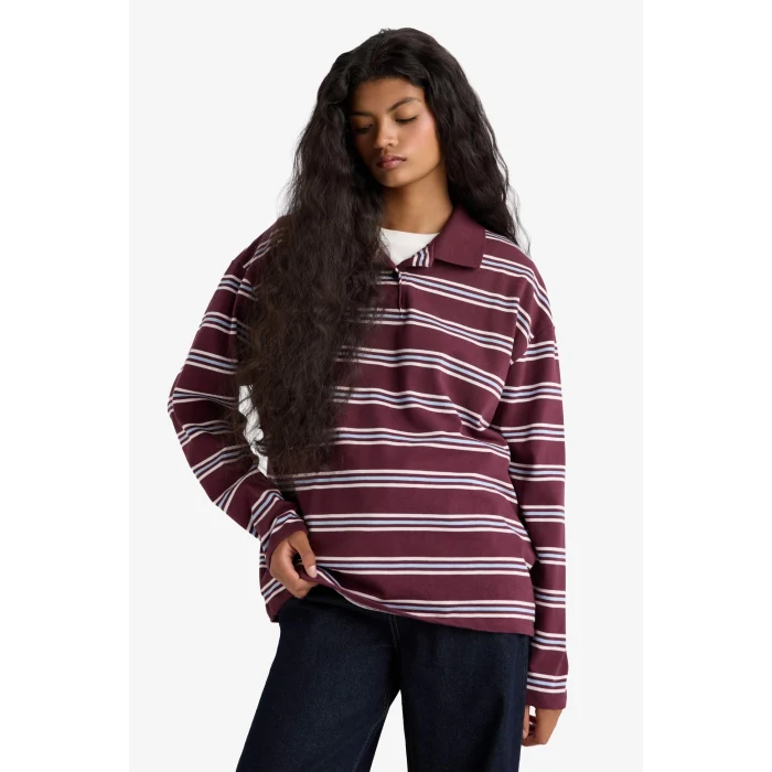Defacto F9025AXBR232 Bordo Relax Fit Polo Yaka Çizgili Sweatshirt