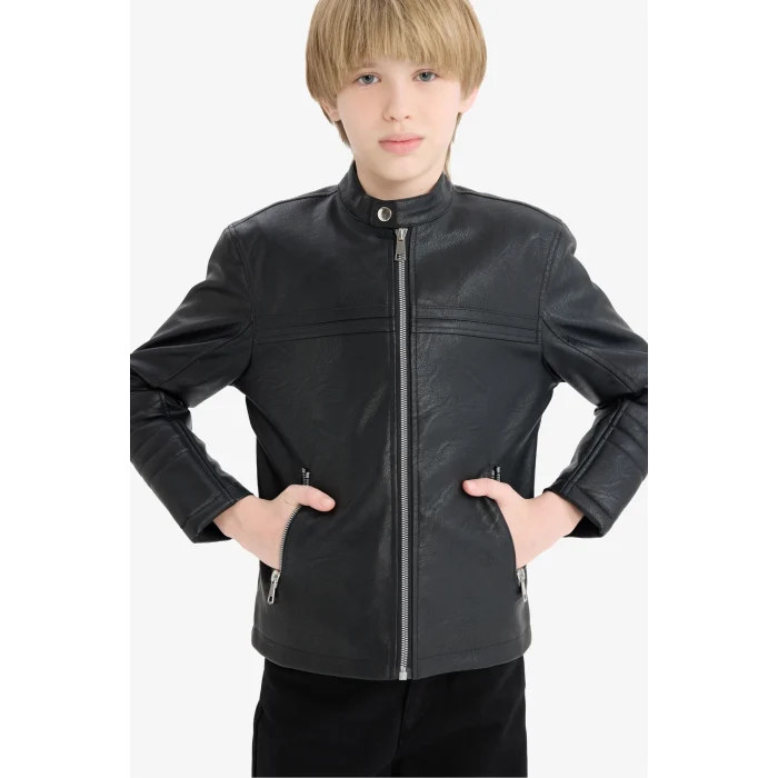 Defacto C4320A8BK27 Siyah Erkek Çocuk Su Geçirmez Fermuarlı Suni Deri Ceket Mont