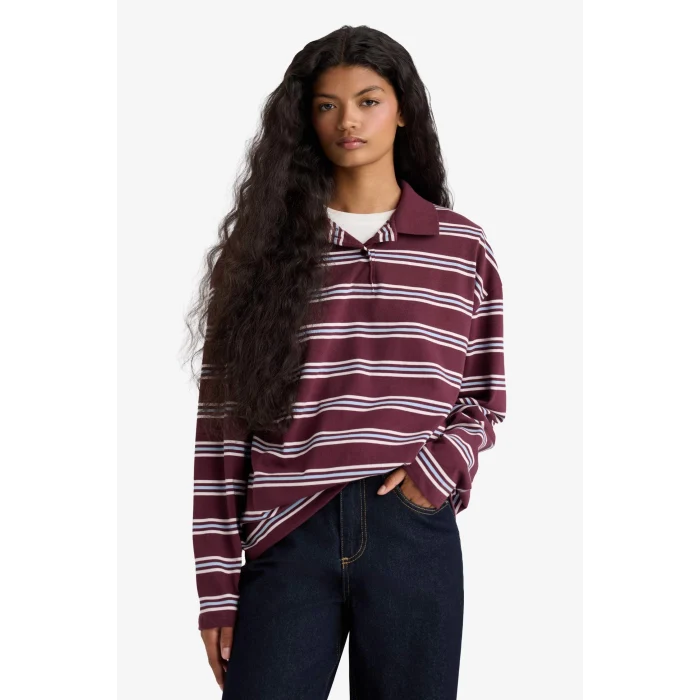 Defacto F9025AXBR232 Bordo Relax Fit Polo Yaka Çizgili Sweatshirt