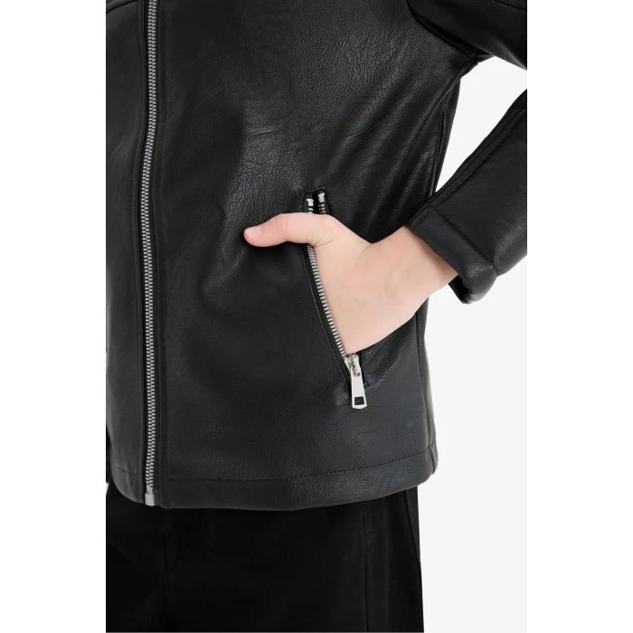 Defacto C4320A8BK27 Siyah Erkek Çocuk Su Geçirmez Fermuarlı Suni Deri Ceket Mont