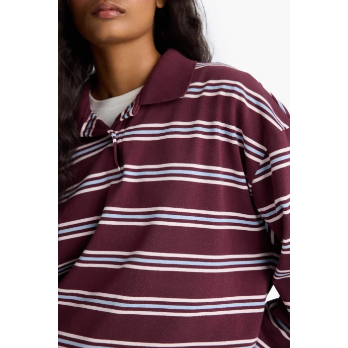 Defacto F9025AXBR232 Bordo Relax Fit Polo Yaka Çizgili Sweatshirt