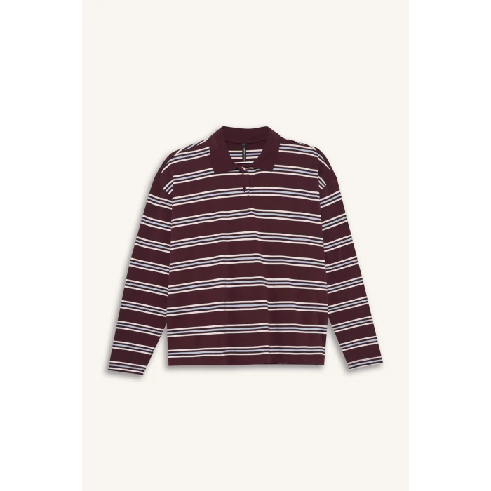 Defacto F9025AXBR232 Bordo Relax Fit Polo Yaka Çizgili Sweatshirt