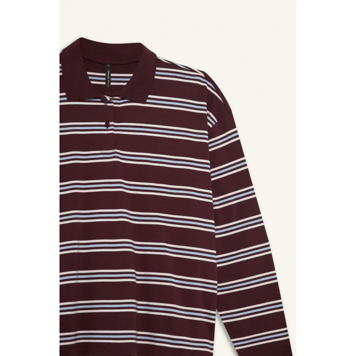 Defacto F9025AXBR232 Bordo Relax Fit Polo Yaka Çizgili Sweatshirt