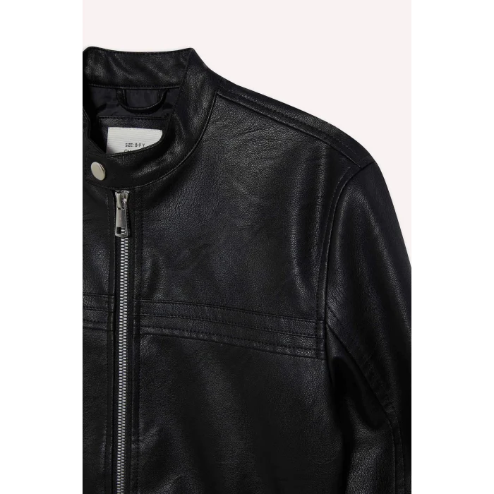 Defacto C4320A8BK27 Siyah Erkek Çocuk Su Geçirmez Fermuarlı Suni Deri Ceket Mont