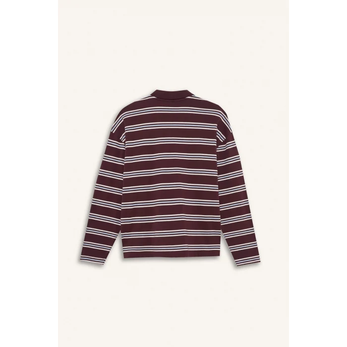 Defacto F9025AXBR232 Bordo Relax Fit Polo Yaka Çizgili Sweatshirt
