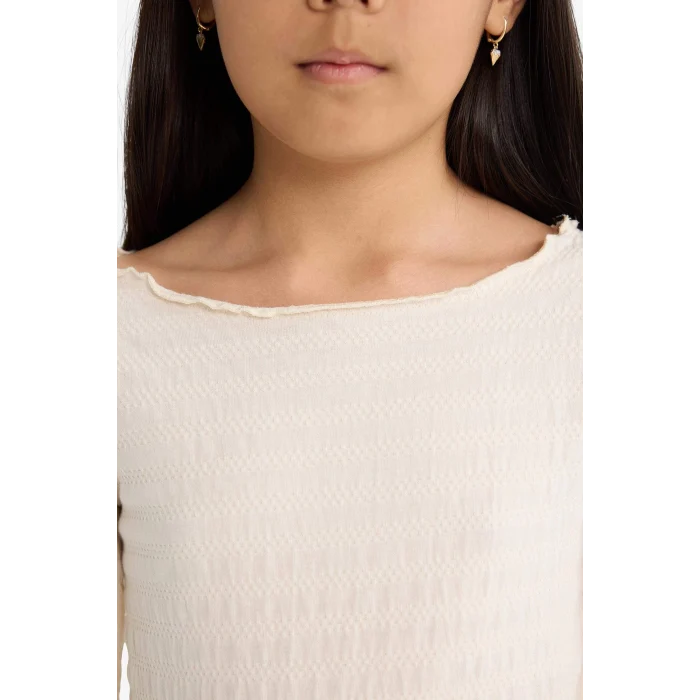 Defacto F8000A8ER233 Ekru Kız Çocuk Fitted Bisiklet Yaka Bürümcük Uzun Kollu Tişört