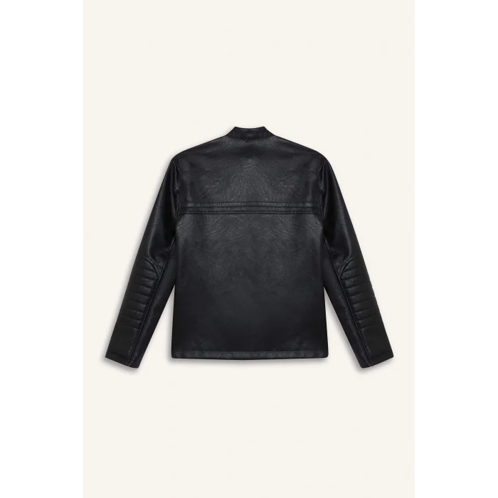 Defacto C4320A8BK27 Siyah Erkek Çocuk Su Geçirmez Fermuarlı Suni Deri Ceket Mont