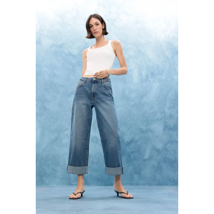 Defacto E9134AXNM34 Mavi Baggy Fit Yüksek Bel Katlamalı Paça Jean Pantolon