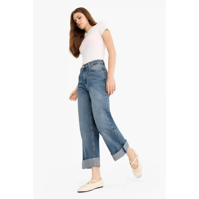 Defacto E9134AXNM34 Mavi Baggy Fit Yüksek Bel Katlamalı Paça Jean Pantolon