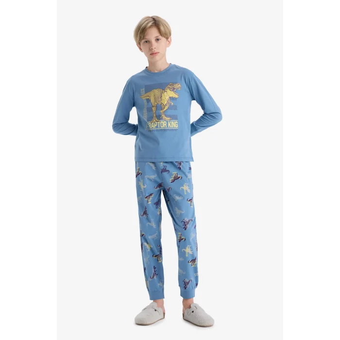 Defacto F1891A8BE484 Mavi Erkek Çocuk Pijama Takımı Dinozor Baskılı Uzun Kollu Üst Uzun Alt
