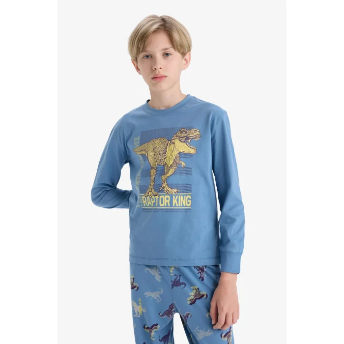 Defacto F1891A8BE484 Mavi Erkek Çocuk Pijama Takımı Dinozor Baskılı Uzun Kollu Üst Uzun Alt