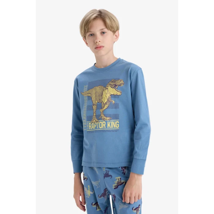 Defacto F1891A8BE484 Mavi Erkek Çocuk Pijama Takımı Dinozor Baskılı Uzun Kollu Üst Uzun Alt