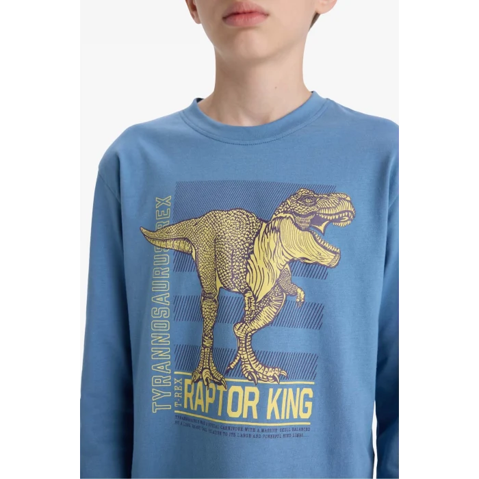 Defacto F1891A8BE484 Mavi Erkek Çocuk Pijama Takımı Dinozor Baskılı Uzun Kollu Üst Uzun Alt