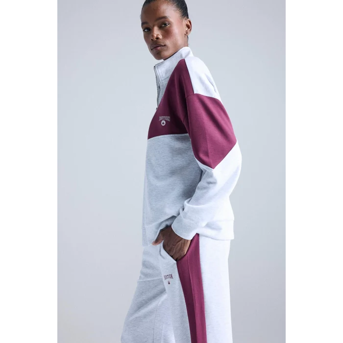 Defacto E8935AXGR421 Gri DeFactoFit NBA Boston Celtics Oversize Geniş Kalıp Yarım Fermuarlı Skuba Dalgıç Kumaş Sporcu Sweatshirt