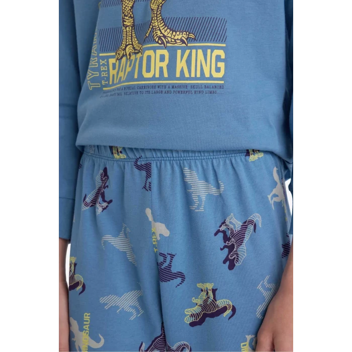 Defacto F1891A8BE484 Mavi Erkek Çocuk Pijama Takımı Dinozor Baskılı Uzun Kollu Üst Uzun Alt