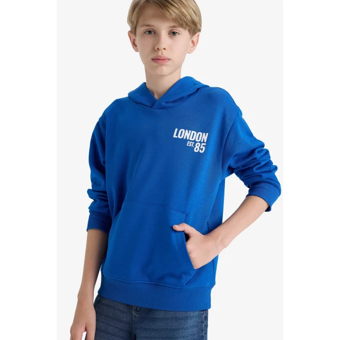 Defacto E9579A8BE399 Mavi Erkek Çocuk Kapüşonlu Baskılı İçi Yumuşak Tüylü Okul Sweatshirt