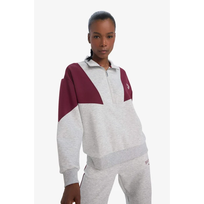 Defacto E8935AXGR421 Gri DeFactoFit NBA Boston Celtics Oversize Geniş Kalıp Yarım Fermuarlı Skuba Dalgıç Kumaş Sporcu Sweatshirt