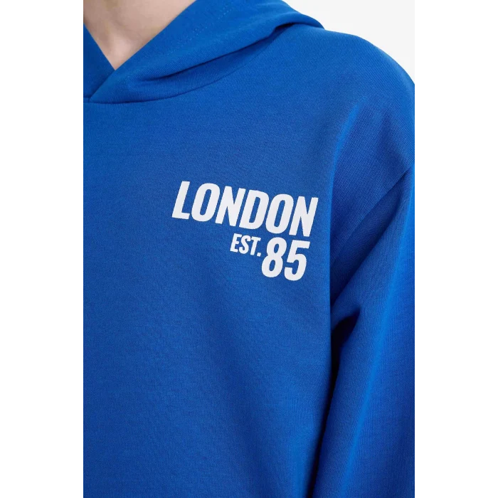 Defacto E9579A8BE399 Mavi Erkek Çocuk Kapüşonlu Baskılı İçi Yumuşak Tüylü Okul Sweatshirt