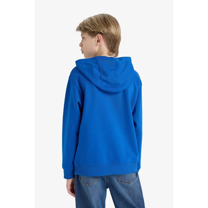 Defacto E9579A8BE399 Mavi Erkek Çocuk Kapüşonlu Baskılı İçi Yumuşak Tüylü Okul Sweatshirt
