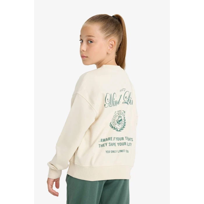 Defacto E6759A8ER99 Ekru Kız Çocuk Relax Fit Bisiklet Yaka Sırt Baskılı Sweatshirt