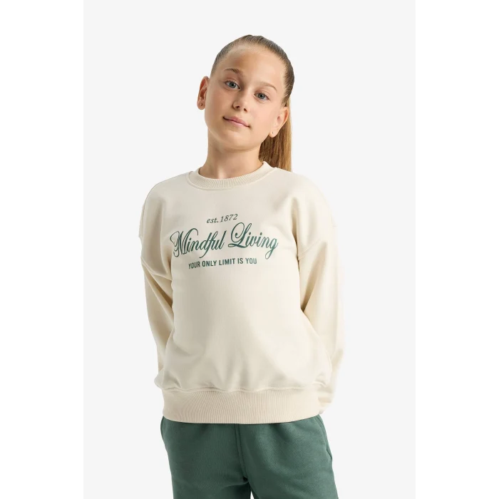 Defacto E6759A8ER99 Ekru Kız Çocuk Relax Fit Bisiklet Yaka Sırt Baskılı Sweatshirt