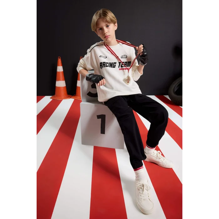 Defacto F1963A8WT32 Beyaz Erkek Çocuk Bisiklet Yaka Baskılı Sweatshirt