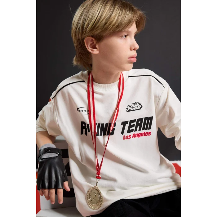 Defacto F1963A8WT32 Beyaz Erkek Çocuk Bisiklet Yaka Baskılı Sweatshirt