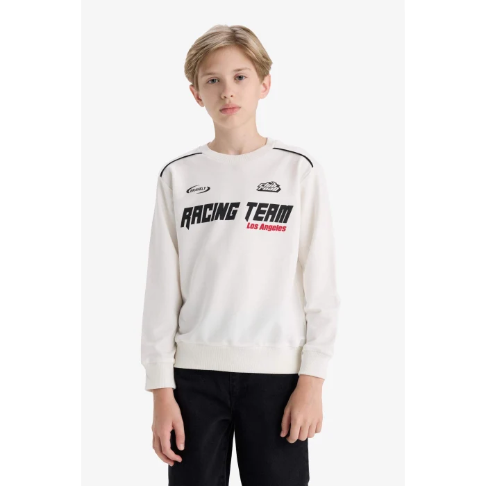 Defacto F1963A8WT32 Beyaz Erkek Çocuk Bisiklet Yaka Baskılı Sweatshirt