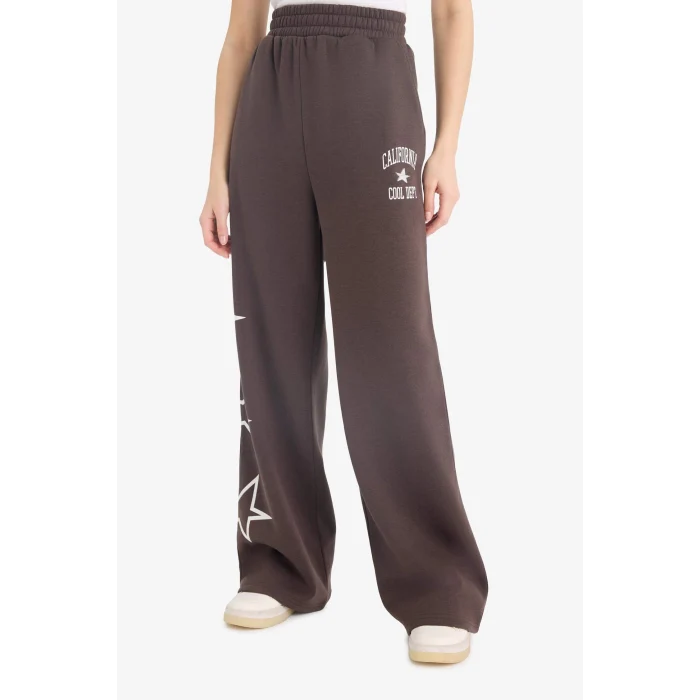 Defacto E9584AXBN258 Kahve Coool Wide Leg Geniş Paça Baskılı Kalın Eşofman Altı