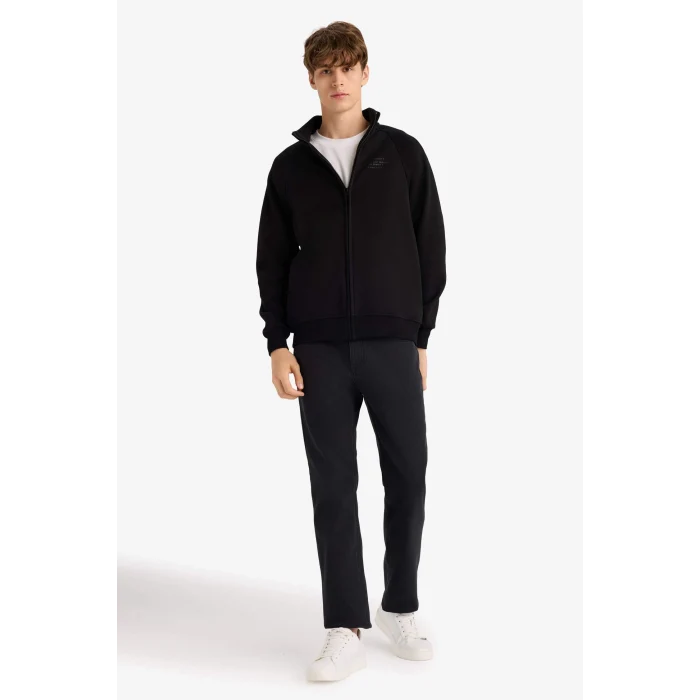 Defacto E1367AXBK81 Siyah Boxy Fit Dik Yaka Baskılı İçi Yumuşak Tüylü Cepli Fermuarlı Sweatshirt